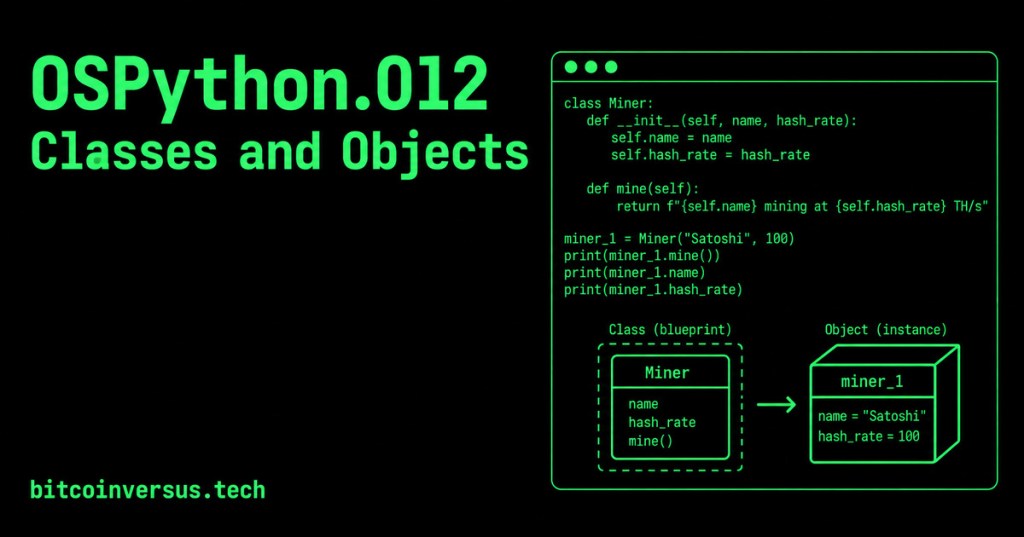 Minimal black and solid dark-neon-green Open CERT cover showing a Python Miner class blueprint and one object instance.