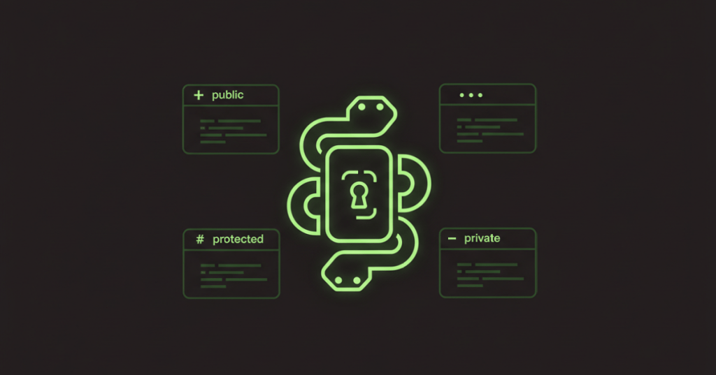 Minimal black and neon-green illustration representing Python encapsulation and protected class data.