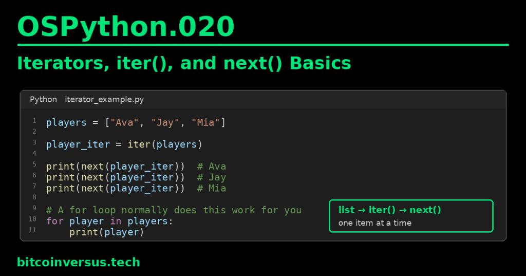 OSPython.020 cover with a VS Code Dark+ Python example showing a list passed to iter() and read one item at a time with next()
