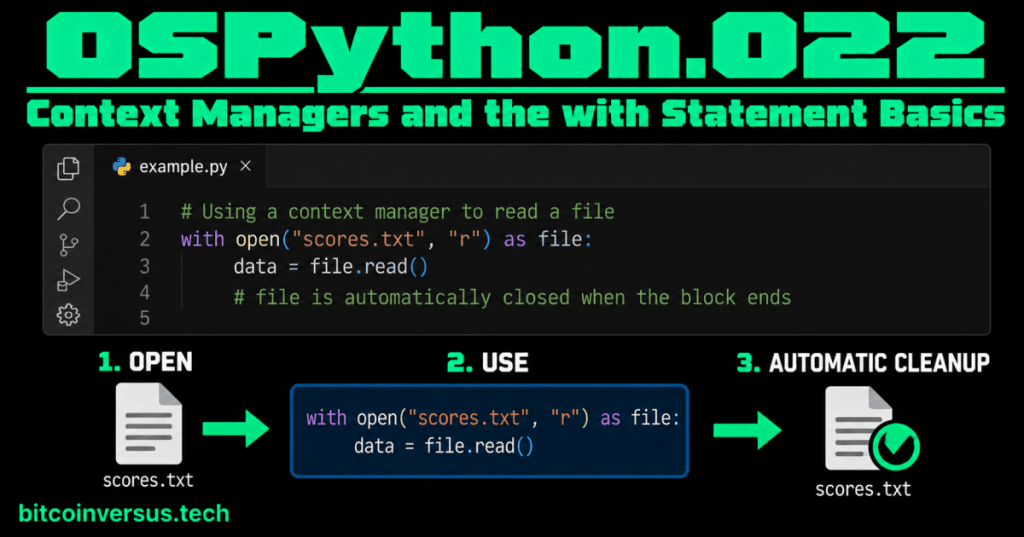 OSPython.022 cover showing a VS Code Dark+ Python example using with open and a three-step open, use, automatic cleanup diagram