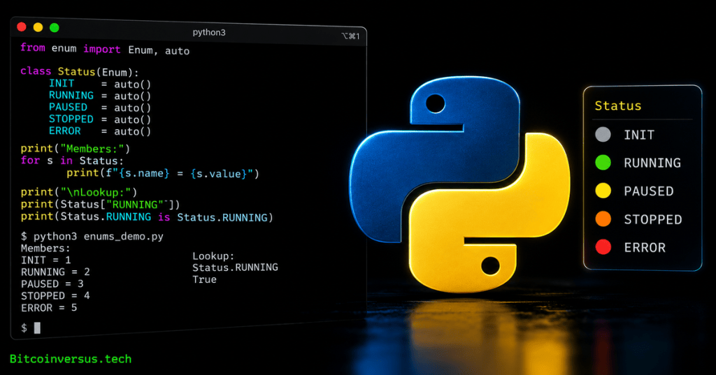 Python enums lesson cover with a clear Python terminal, Python logo, and enum status panel on a black background.