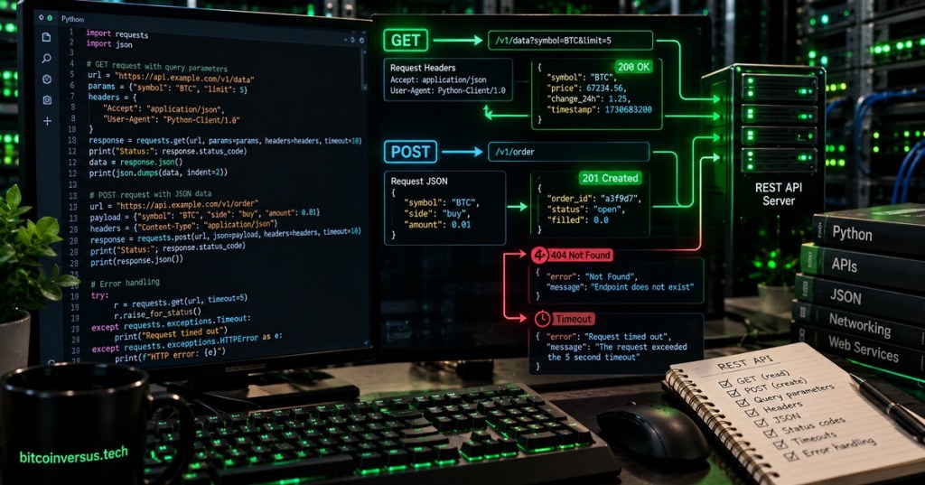 Photorealistic dark Python workstation showing GET and POST REST API calls, JSON responses, HTTP status codes, headers, timeouts, error handling, and a server rack with neon-green technical overlays.