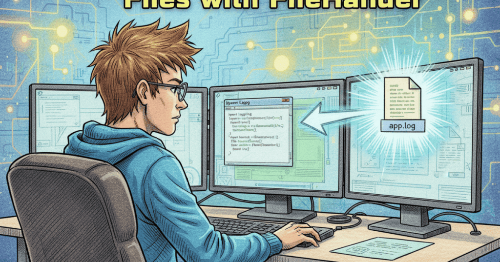 Colored-pencil comic-book illustration of a Python application writing log messages to a file.