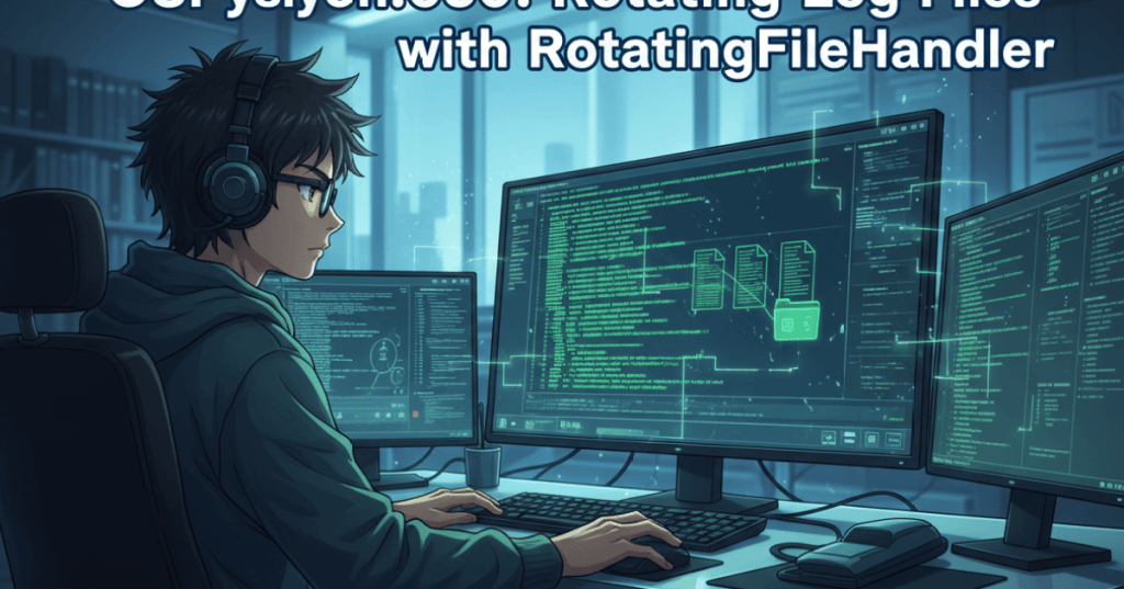 Anime-style illustration of a Python application rotating a log file into numbered backups.