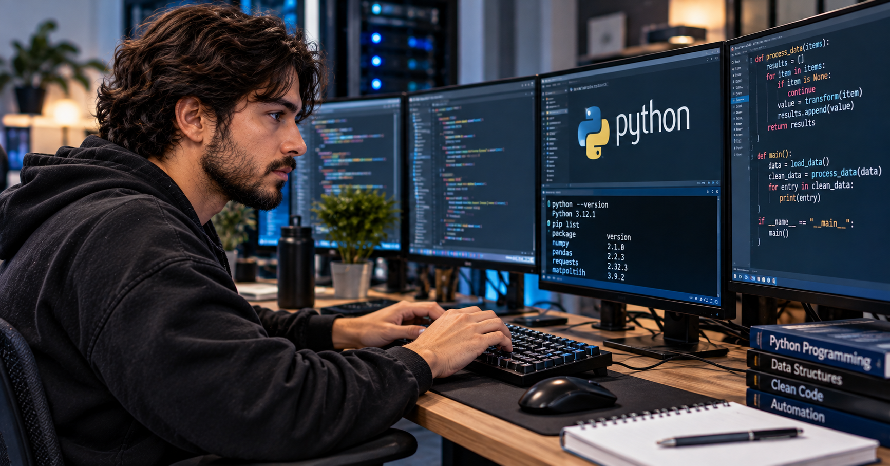 Developer inspecting Python code and log filtering on a workstation