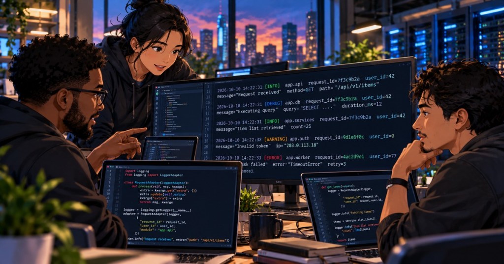 Anime-style software engineering team studying Python application logs with request IDs, user IDs, logger names, and contextual fields on large monitors beside server racks.