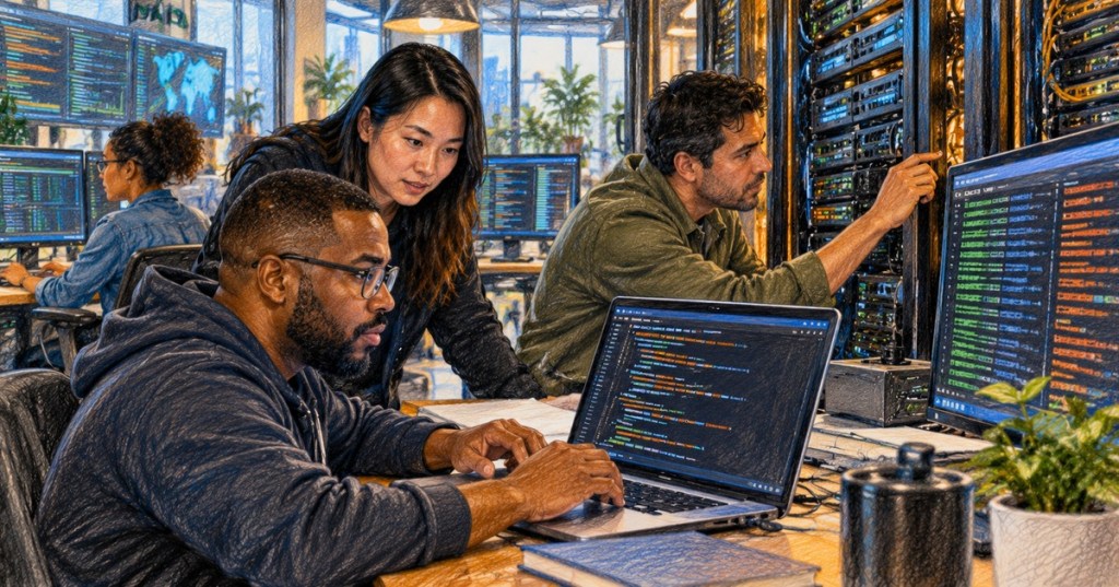 Diverse software engineering team working with Python logging and monitoring in a modern server room