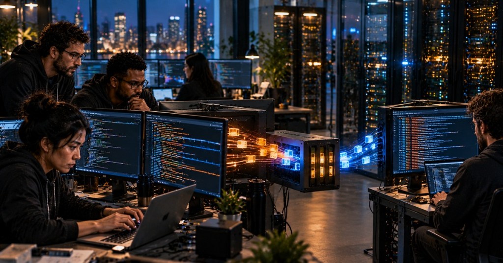 Software engineers monitor Python logs flowing through a background queue into a dedicated logging worker.
