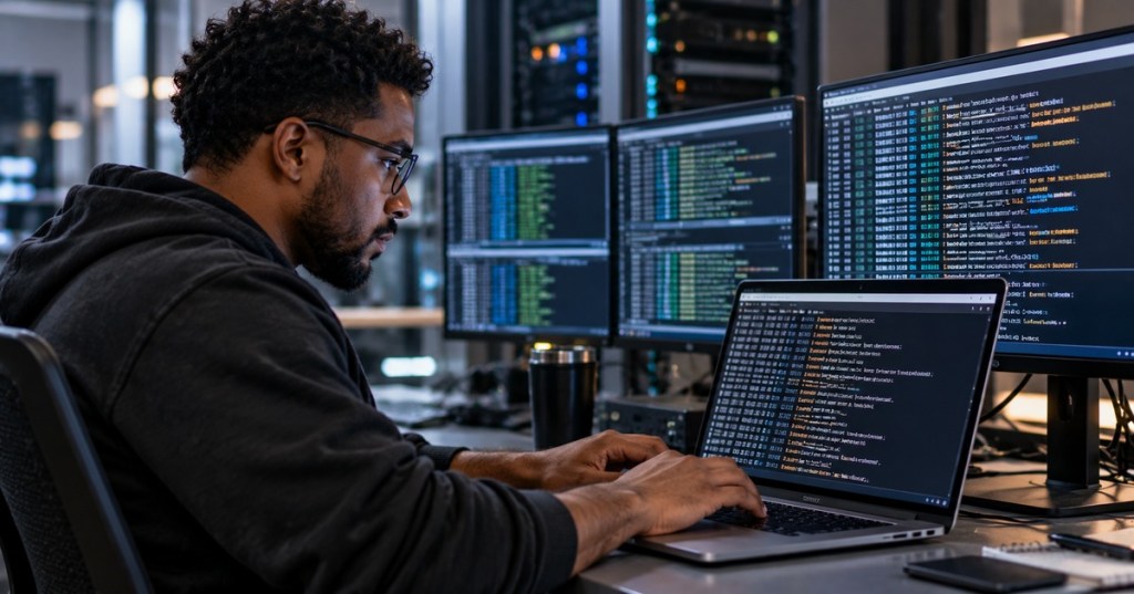 African American Python developer monitoring multiple process logs on several screens in a server workspace