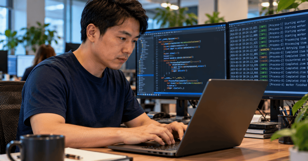 East Asian Python developer reviewing process worker logs in a modern office, wearing a plain navy T-shirt