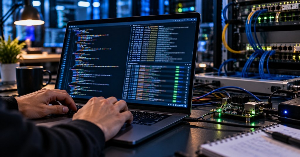 Python developer monitoring asynchronous tasks and logs from a laptop beside network and embedded hardware in a modern technical workspace.