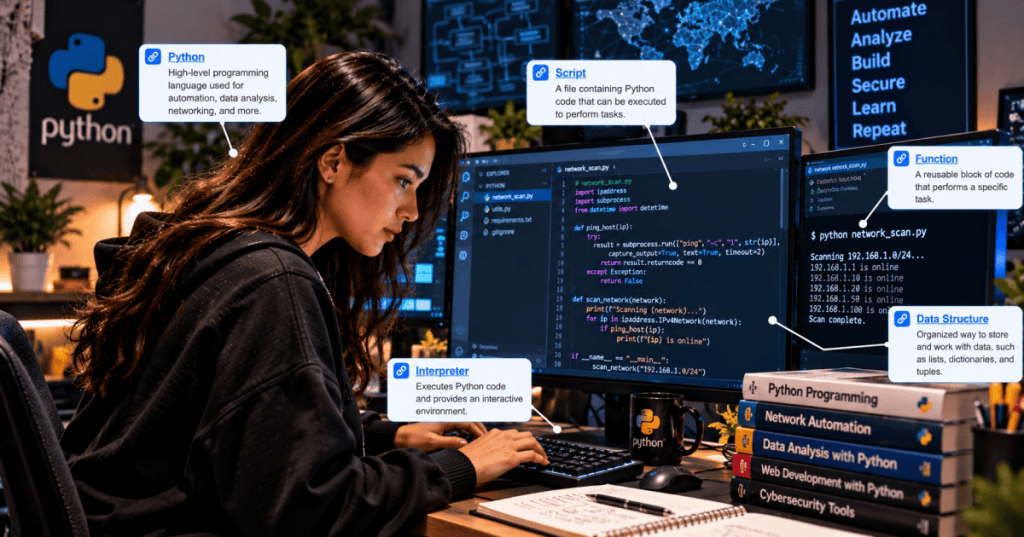 Woman Python programmer studying diagnostic logging code and application monitoring on desktop displays