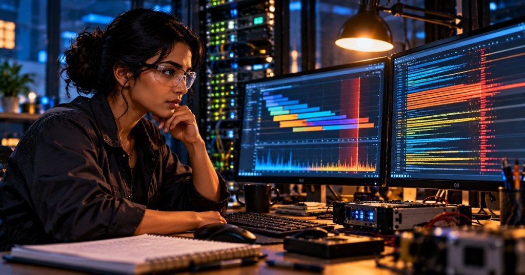 South Asian software engineer studying Python diagnostic logs and dashboards beside illuminated server racks