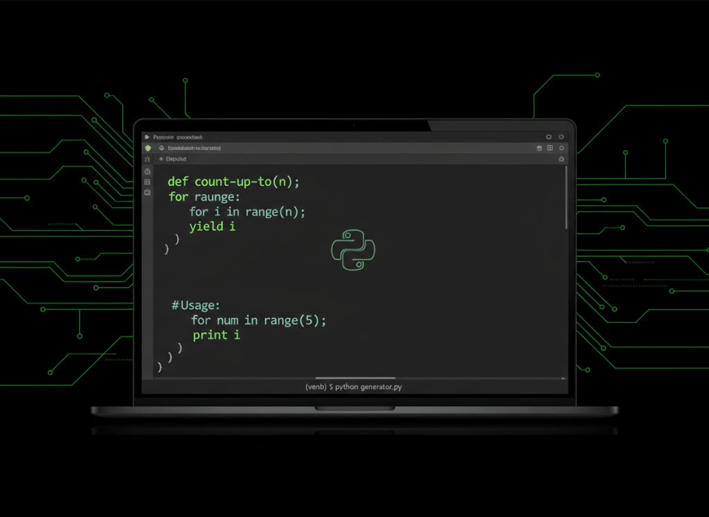 Dark Python code editor showing a generator function using yield