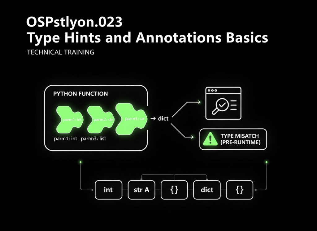 Diagram showing Python type annotations flowing into a static type checker that catches a mismatch before runtime.