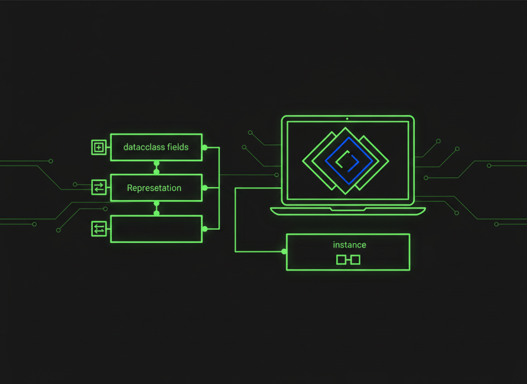 Clean black-and-green Python dataclasses schematic with empty field boxes, class behavior icons, and abstract code shapes.