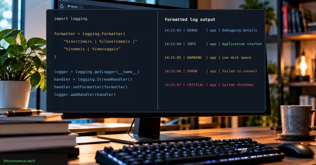 Realistic programming workstation showing Python logging.Formatter code and formatted log output