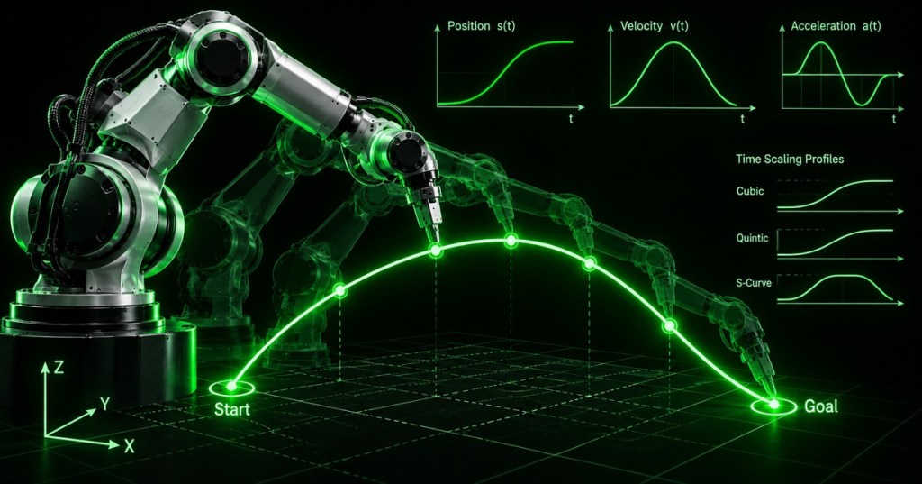 Industrial robot arm following a neon-green planned trajectory with waypoint markers and position, velocity, and acceleration profiles on a black technical background.