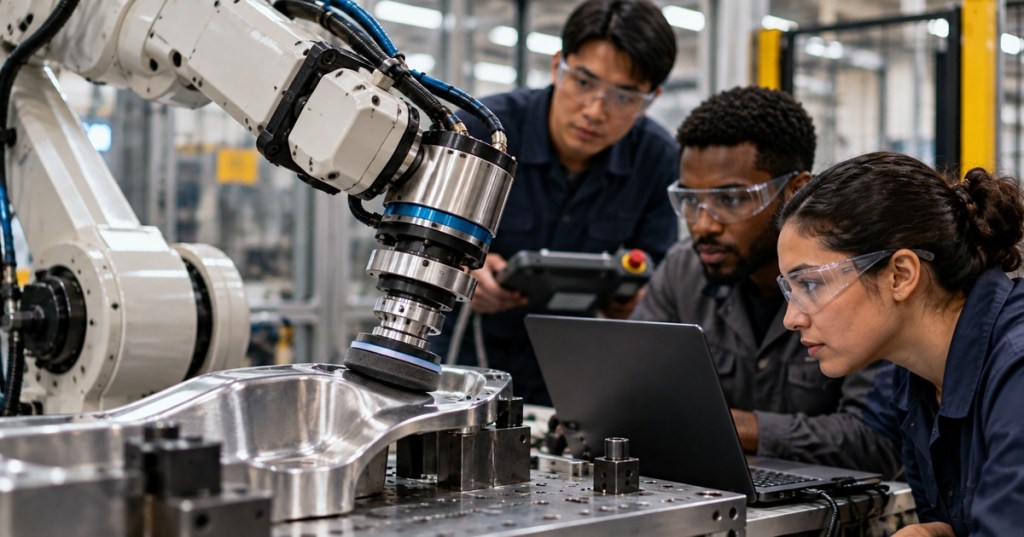 Robotics engineers monitoring an industrial robot using force-controlled polishing on a metal workpiece