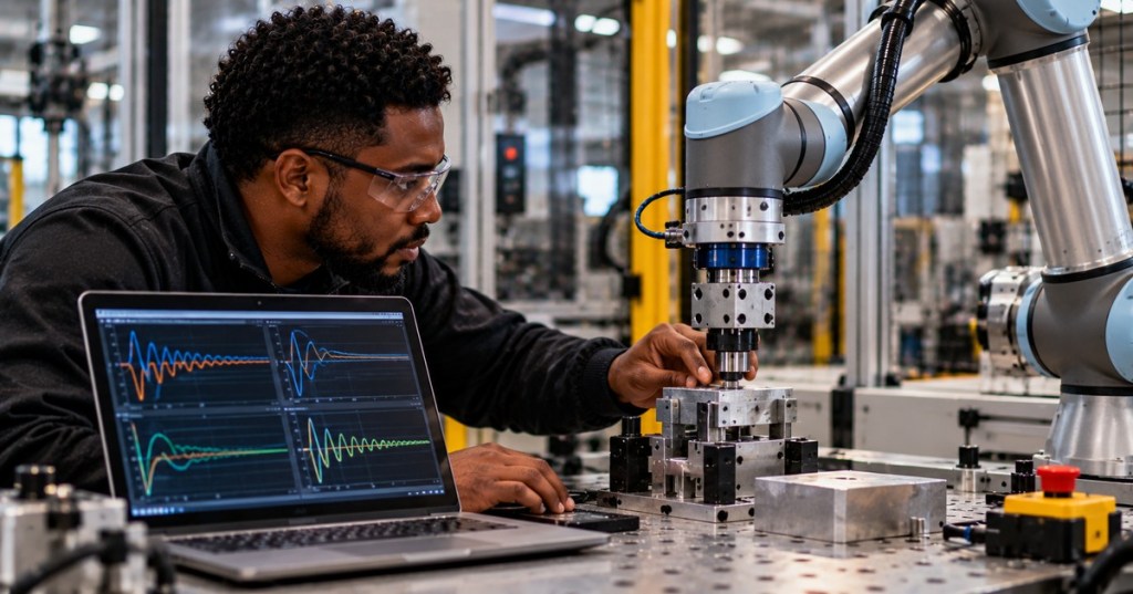 African American robotics engineer tuning impedance and admittance control on a collaborative robot in an industrial lab