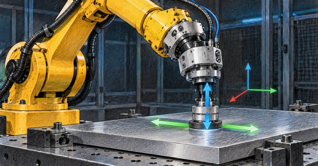 Colored-pencil technical illustration of an industrial robot applying vertical force while moving laterally across a steel work surface.