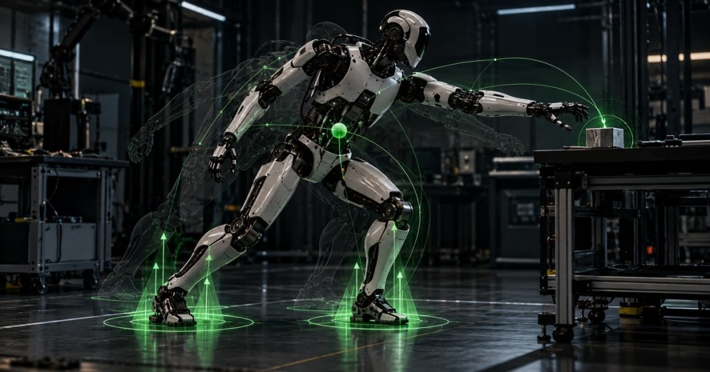Humanoid robot balancing and reaching in a laboratory while coordinating whole-body motion and contact constraints.