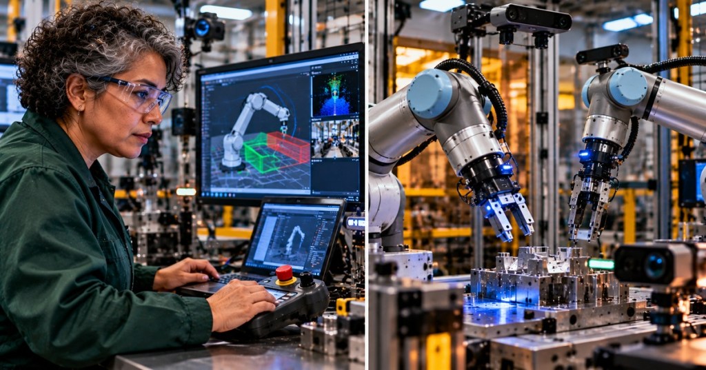 Split-screen editorial diptych with a mature gray-haired woman robotics engineer at a robot-control workstation, and camera-equipped collaborative robot arms working with industrial fixtures