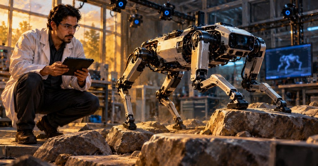 Robotics engineer with tablet observing a quadruped robot on a test course inside an advanced laboratory