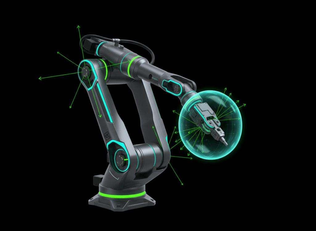 Industrial robot with joint velocity vectors and manipulability visualization illustrating Jacobian motion with no text.
