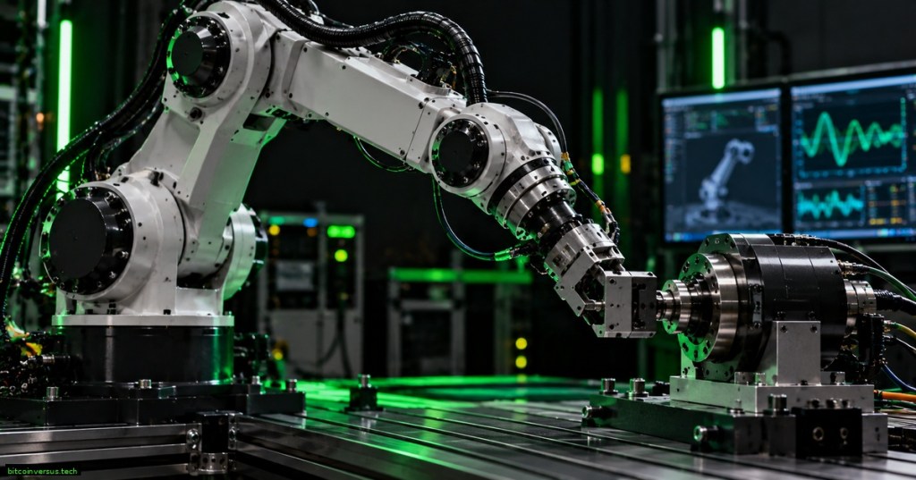Industrial six-axis robot arm on a dark dynamics test bench with neon-green instrumentation and motion diagnostics.