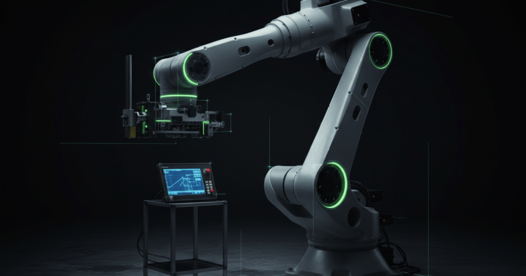 Industrial six-axis robot in a calibration pose with visible joint reference marks and teach pendant against a dark workshop with neon-green technical highlights.