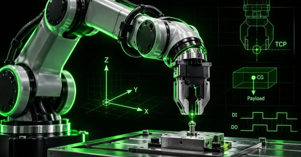 Industrial robot arm with precision gripper aligned to a calibration pin, with neon-green TCP, XYZ, payload center-of-gravity, and digital I/O overlays on a black background.