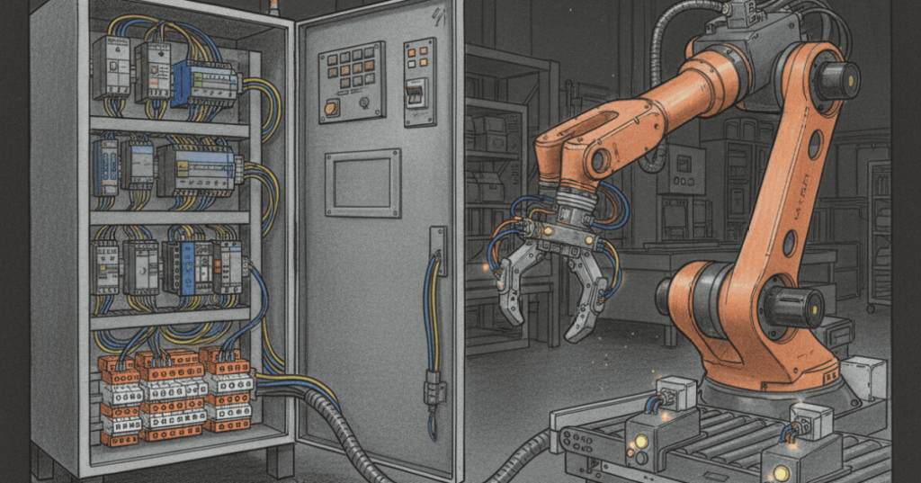 Colored-pencil illustration of an industrial robot, PLC I/O cabinet, sensors, and gripper wiring for OSRTC.005 Robot I/O and PLC Handshakes.