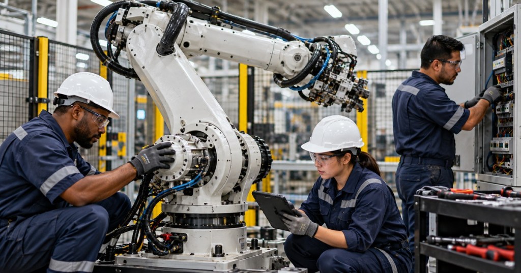 Diverse robotics technicians performing preventive maintenance on an industrial robot arm in a modern factory