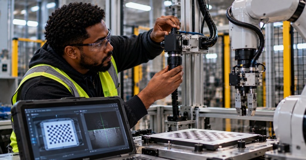African American robotics technician calibrating an industrial robot machine-vision camera using a checkerboard target