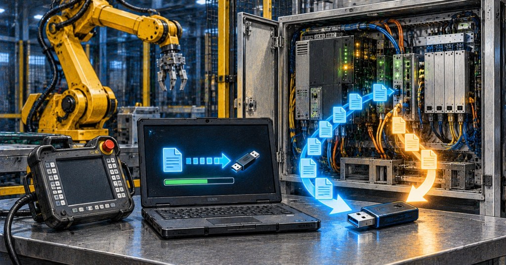 Industrial robot, teach pendant, controller cabinet, laptop, and USB drive illustrating robot controller backup and restore.