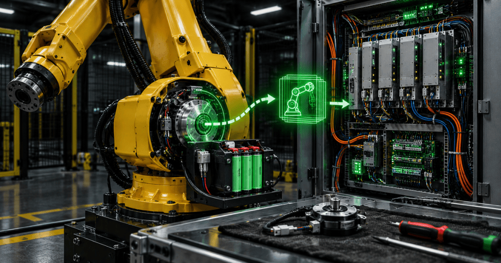 Industrial robot encoder and controller backup battery maintenance scene