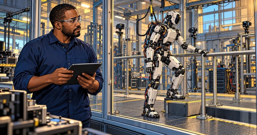 Illustration of a robotics technician with a tablet monitoring a humanoid robot during a supported stepping test inside a guarded laboratory.