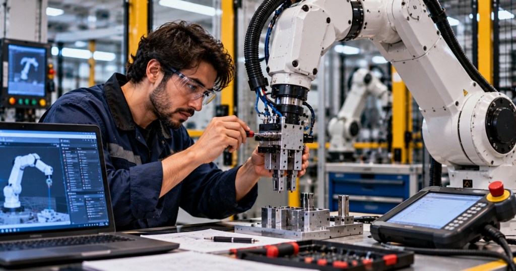 Technician examining industrial robot gripper in a guarded robotics training cell; editorial illustration