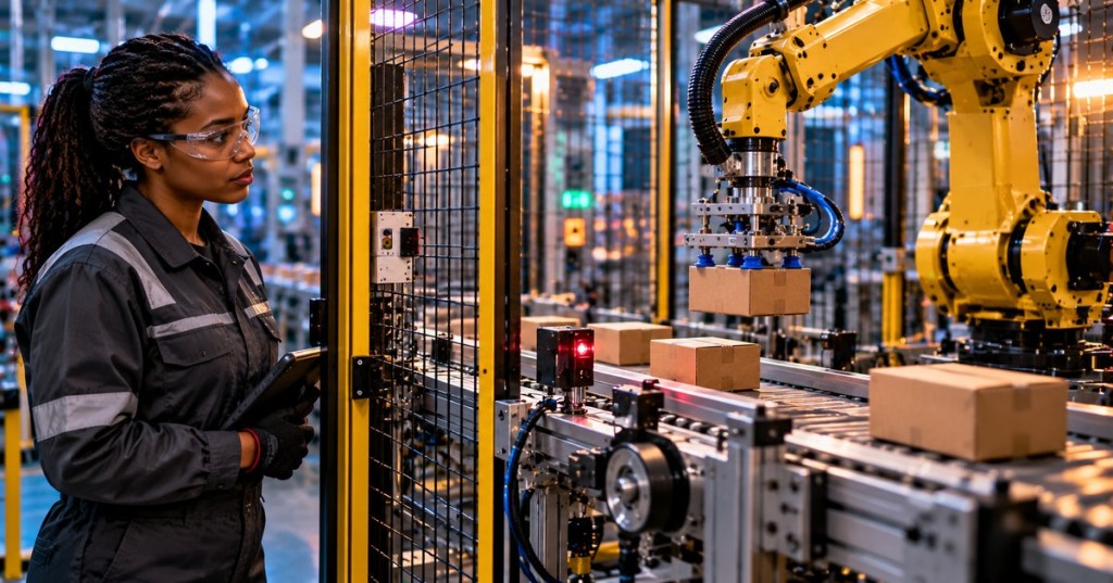 Industrial robot handling boxes on a moving conveyor while a technician observes beyond a guarded fence