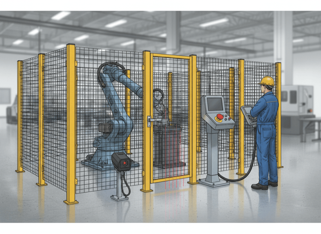 Industrial robot workcell with safety fencing, interlocked gate, emergency stop, presence sensing, teach pendant, and technician outside the safeguarded space.