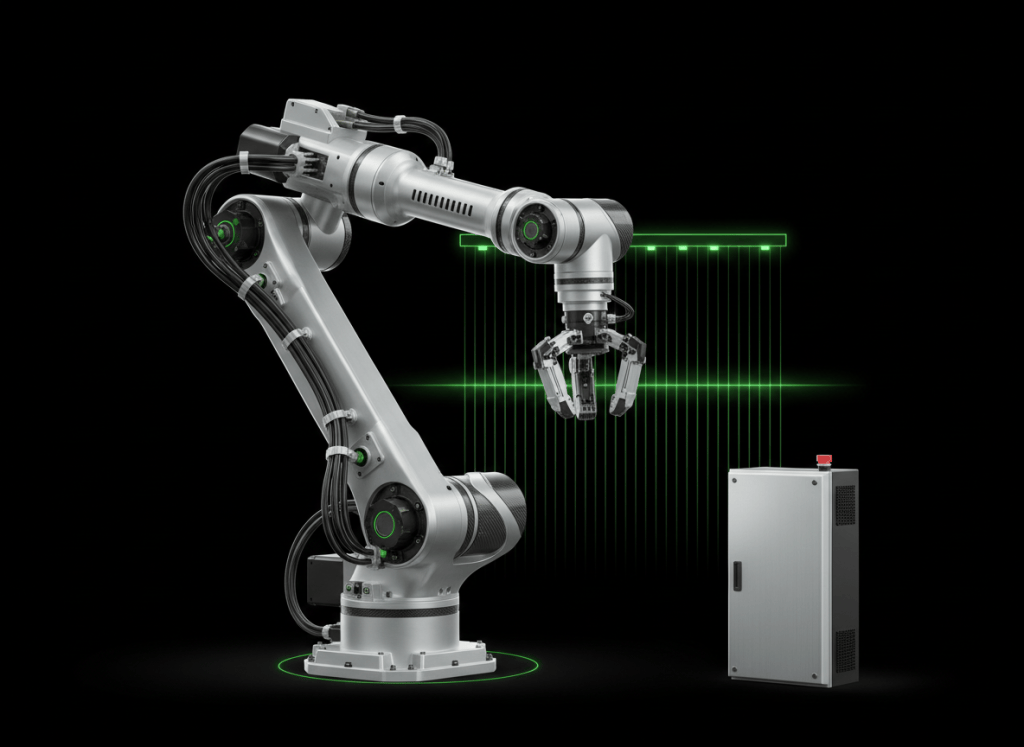 Technical illustration of a six-axis industrial robot arm with controller cabinet, gripper, and safety light curtain.