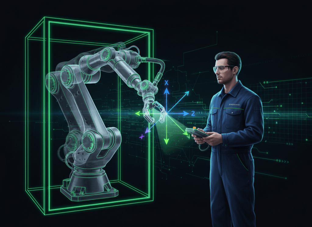 Industrial robot technician using a teach pendant for safe manual jogging with no text.