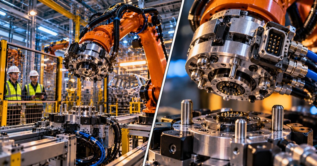Detailed editorial diptych of an industrial robotic arm approaching its tool changer docking station and a close-up of locking and utility-coupling hardware