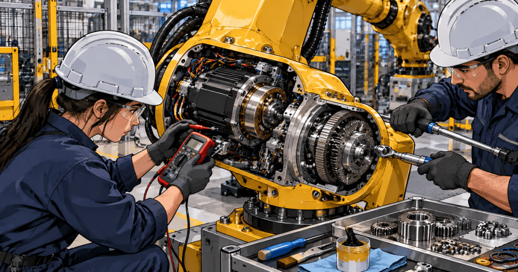 Two industrial robotics technicians service an open robot joint containing a servo motor, brake assembly, precision gearbox, wiring, bearings, and mechanical drive components.