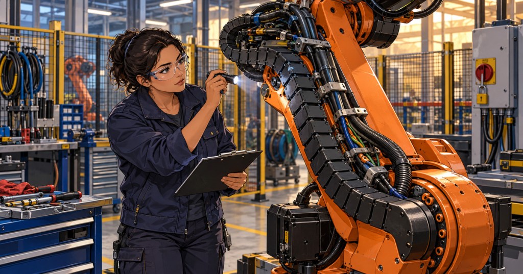 Conceptual anime-editorial image of a Latina robotics technician visually inspecting a parked industrial robot’s external cable dress pack.