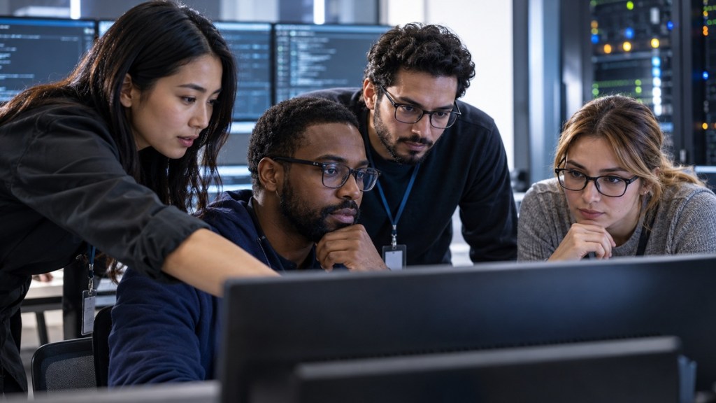 A diverse software team examining source code together on a large monitor during a programming lab.