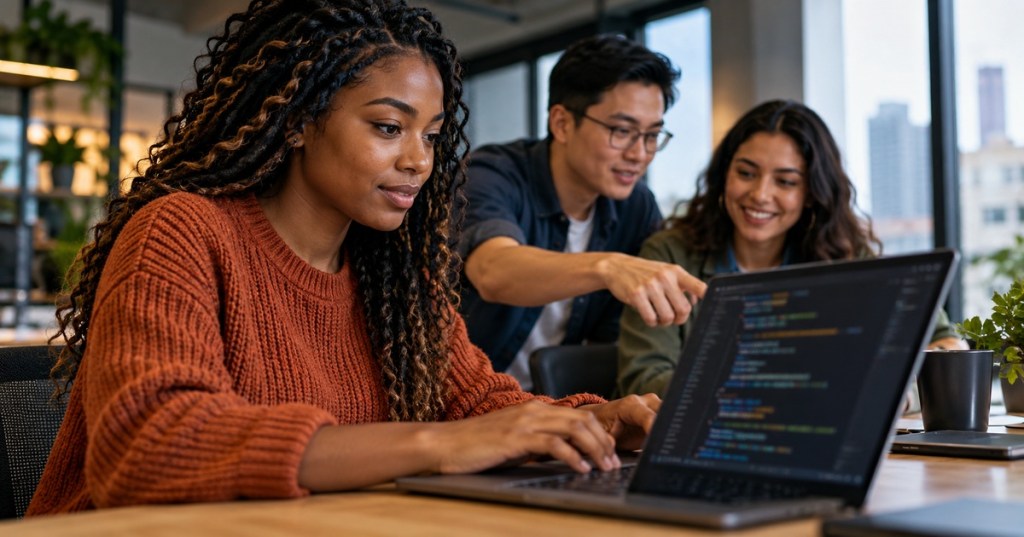 Diverse software engineers collaborating on Rust code in a modern development workspace.
