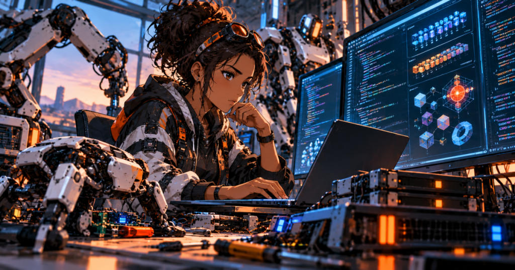 Mechatronic anime illustration of a Black systems programmer learning Rust scalar and compound data types in a robotics lab