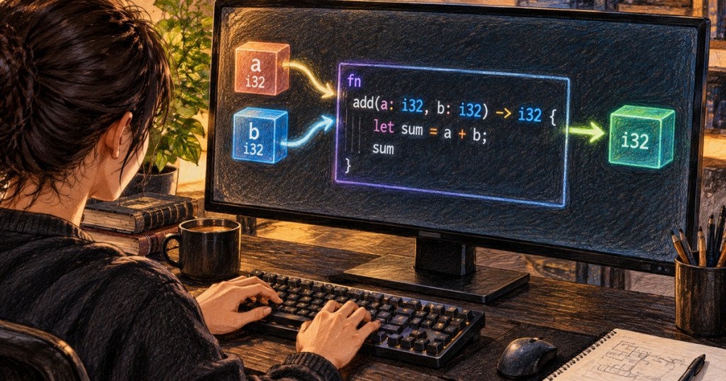 Colored-pencil illustration of a programmer learning Rust functions, parameters, expressions, and return values.